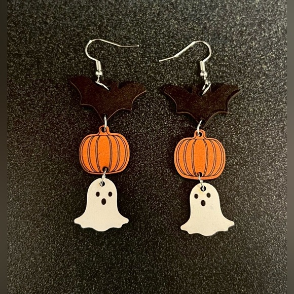 Halloween Wooden Bat, Ghost and Pumpkin Earrings 👻🎃🦇 - Picture 2 of 3